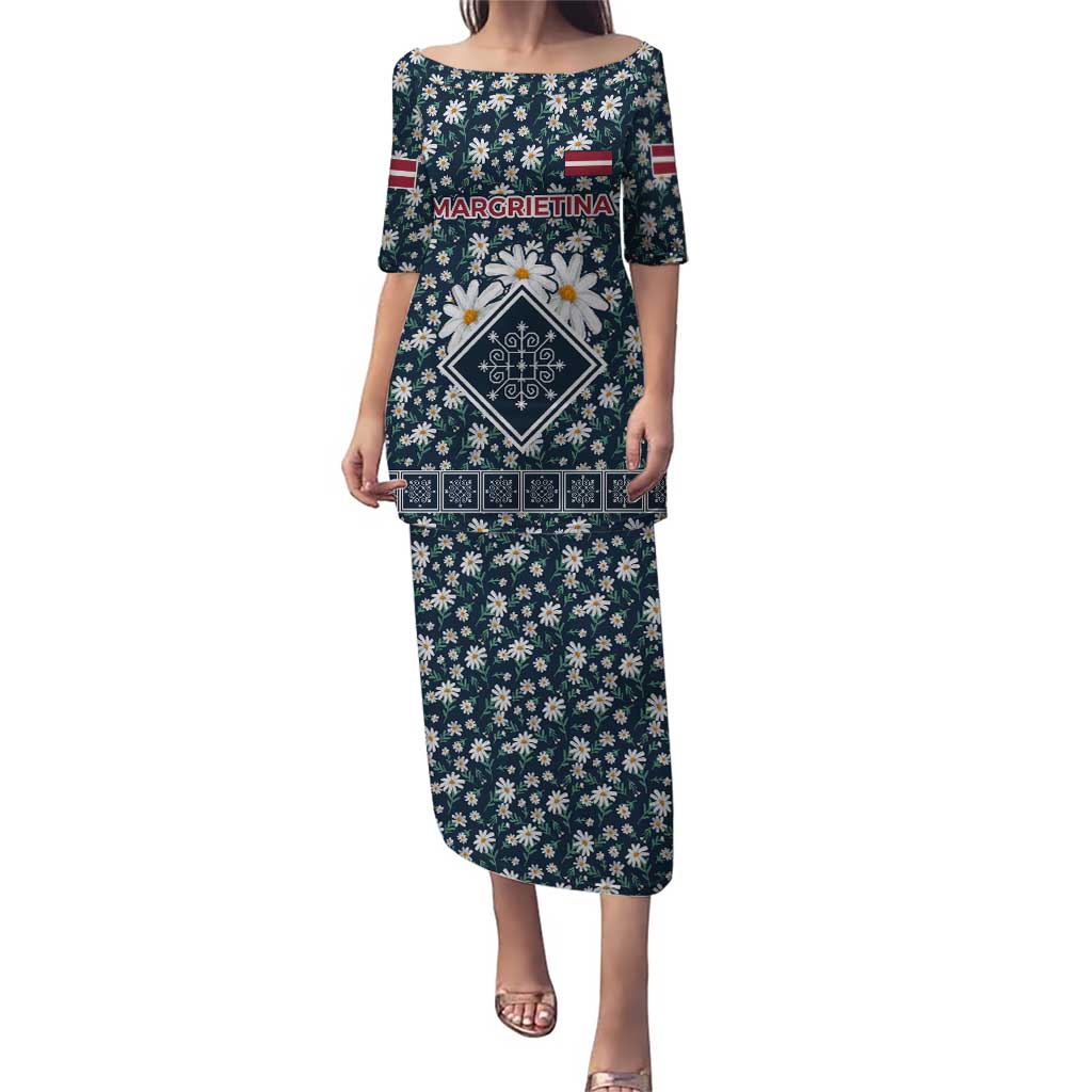 Latvia Puletasi with Margrietina Daisy and Ethnic Pattern – Latvia in Bloom Floral Design