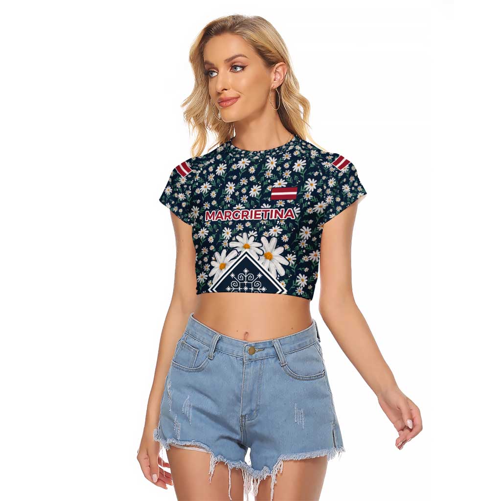 Latvia Raglan Cropped T Shirt with Margrietina Daisy and Ethnic Pattern – Latvia in Bloom Floral Design