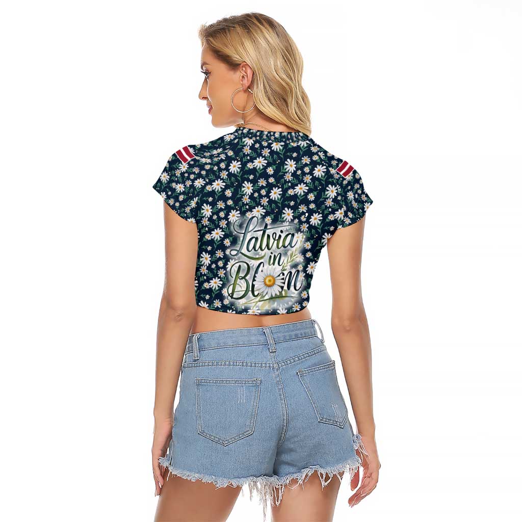 Latvia Raglan Cropped T Shirt with Margrietina Daisy and Ethnic Pattern – Latvia in Bloom Floral Design