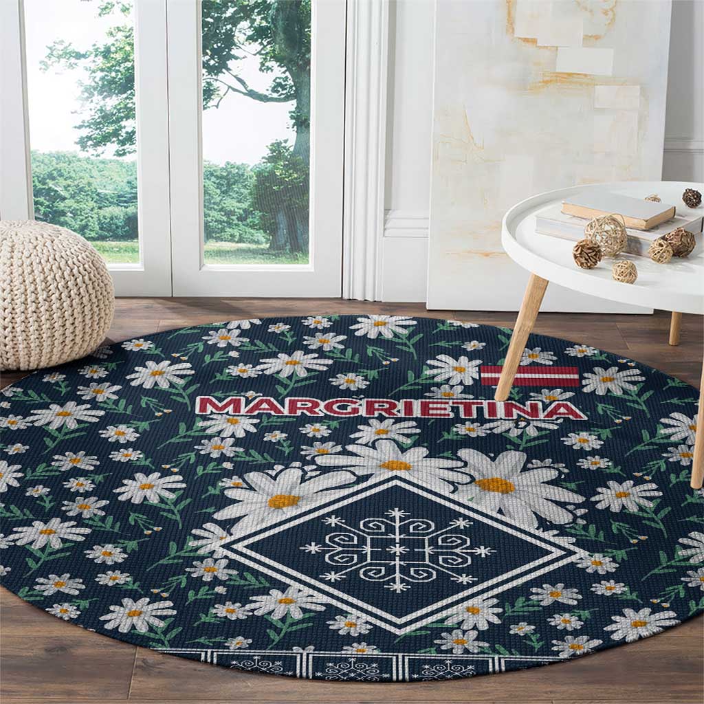Latvia Round Carpet with Margrietina Daisy and Ethnic Pattern – Latvia in Bloom Floral Design