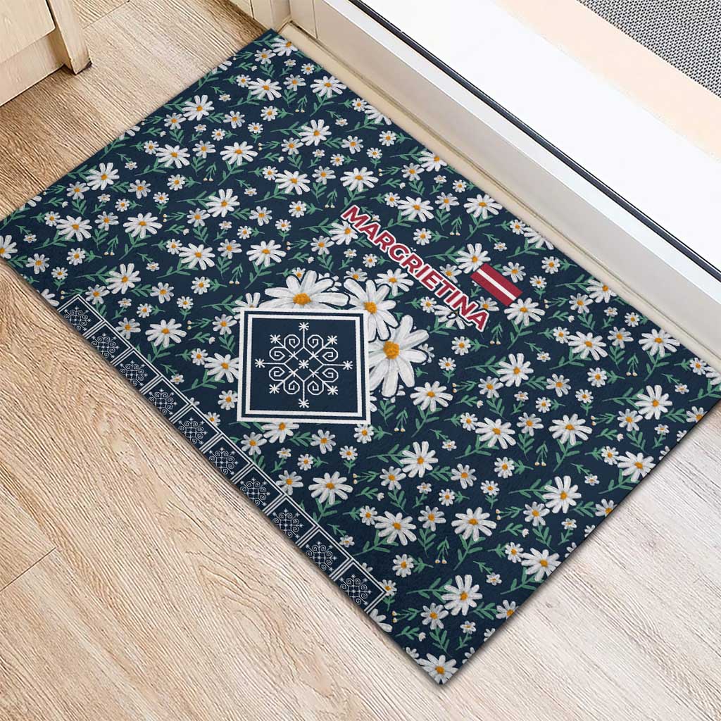 Latvia Rubber Doormat with Margrietina Daisy and Ethnic Pattern – Latvia in Bloom Floral Design