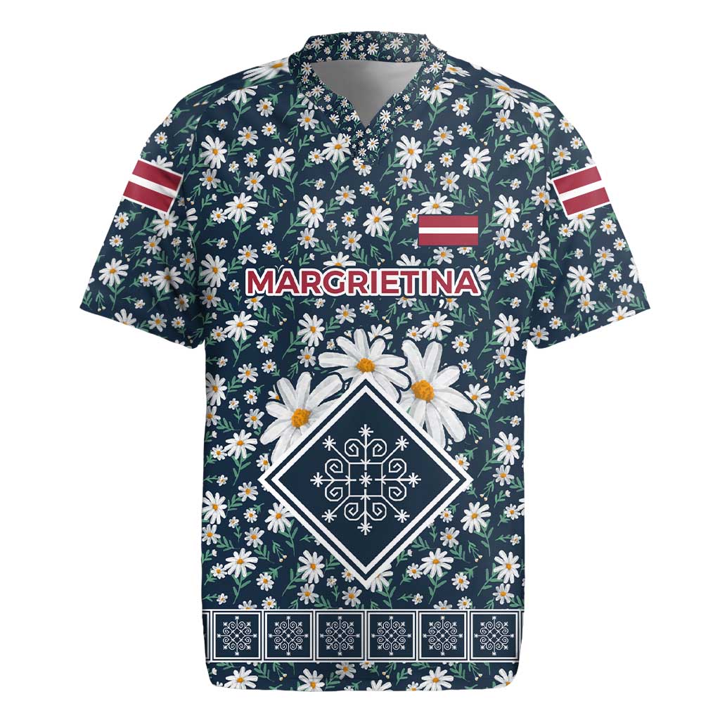 Latvia Rugby Jersey with Margrietina Daisy and Ethnic Pattern – Latvia in Bloom Floral Design