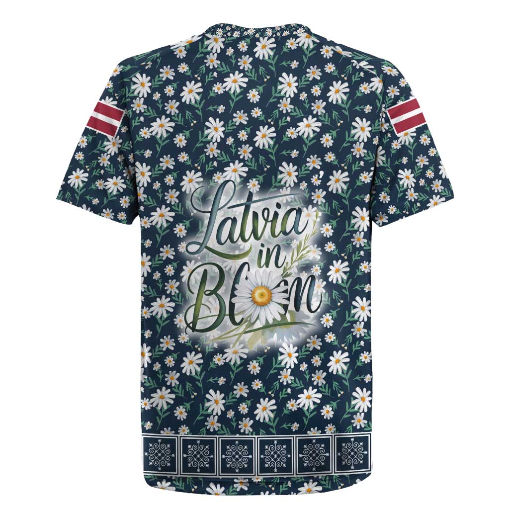 Latvia Rugby Jersey with Margrietina Daisy and Ethnic Pattern – Latvia in Bloom Floral Design