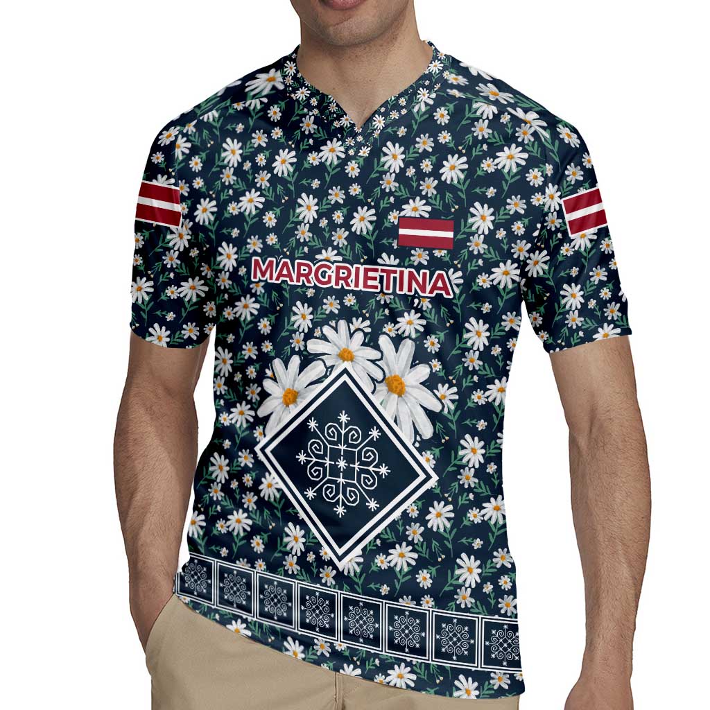 Latvia Rugby Jersey with Margrietina Daisy and Ethnic Pattern – Latvia in Bloom Floral Design