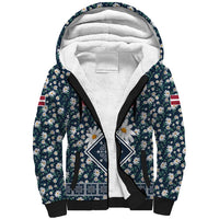 Latvia Sherpa Hoodie with Margrietina Daisy and Ethnic Pattern – Latvia in Bloom Floral Design