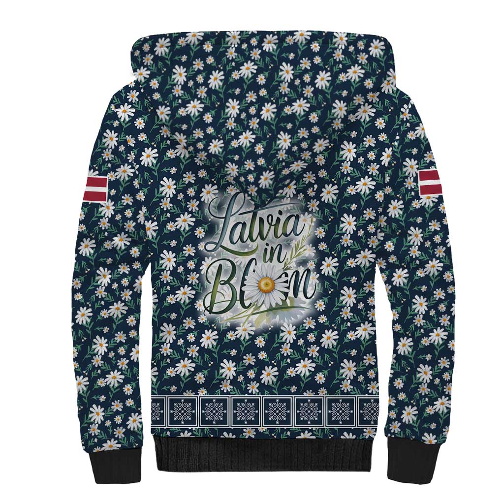 Latvia Sherpa Hoodie with Margrietina Daisy and Ethnic Pattern – Latvia in Bloom Floral Design