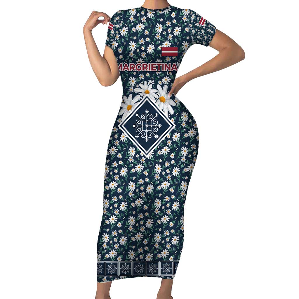 Latvia Short Sleeve Bodycon Dress with Margrietina Daisy and Ethnic Pattern – Latvia in Bloom Floral Design