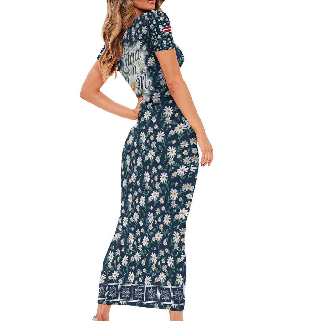 Latvia Short Sleeve Bodycon Dress with Margrietina Daisy and Ethnic Pattern – Latvia in Bloom Floral Design