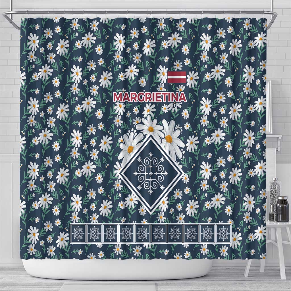 Latvia Shower Curtain with Margrietina Daisy and Ethnic Pattern – Latvia in Bloom Floral Design
