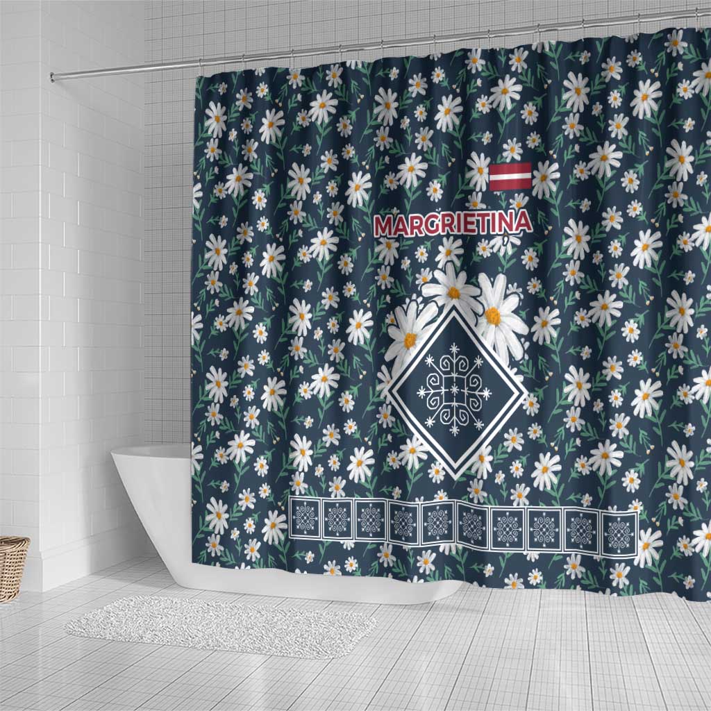 Latvia Shower Curtain with Margrietina Daisy and Ethnic Pattern – Latvia in Bloom Floral Design