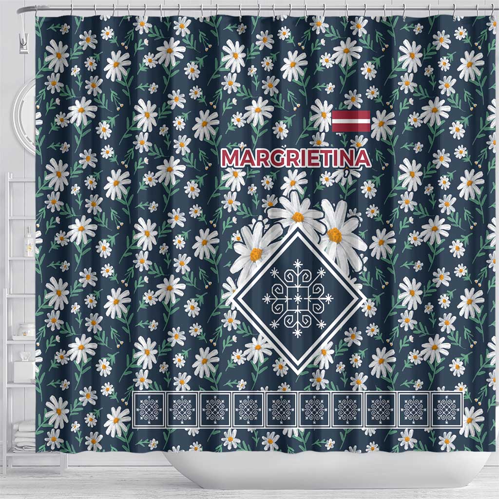 Latvia Shower Curtain with Margrietina Daisy and Ethnic Pattern – Latvia in Bloom Floral Design