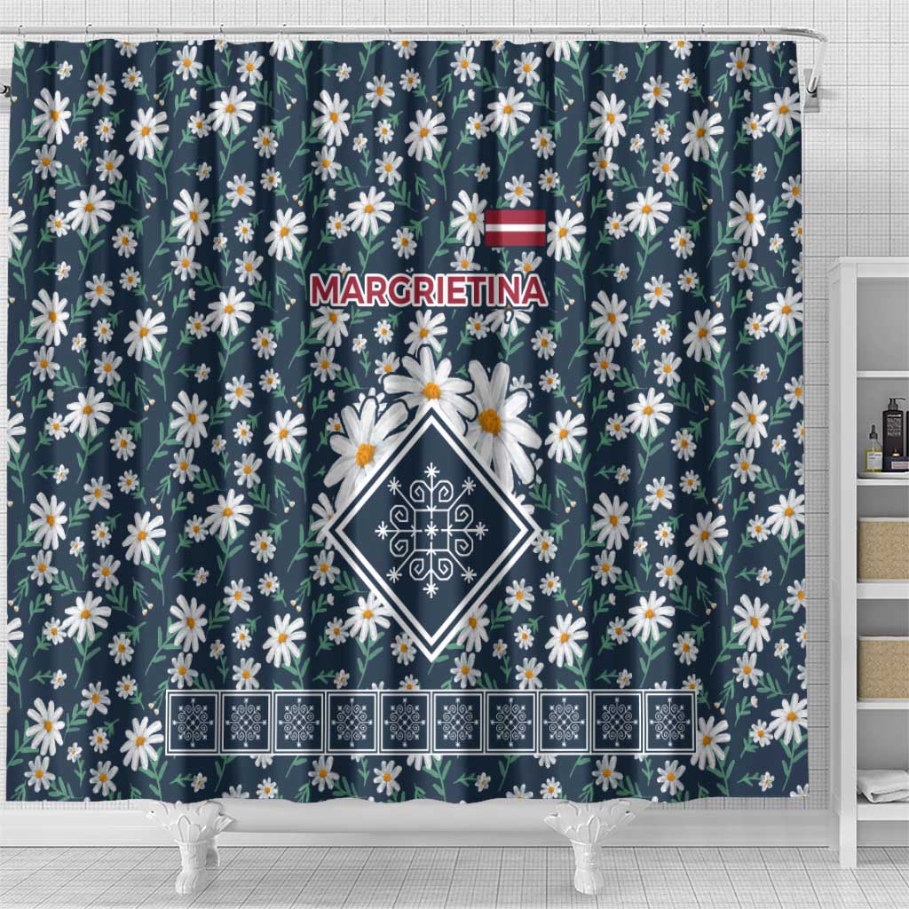 Latvia Shower Curtain with Margrietina Daisy and Ethnic Pattern – Latvia in Bloom Floral Design