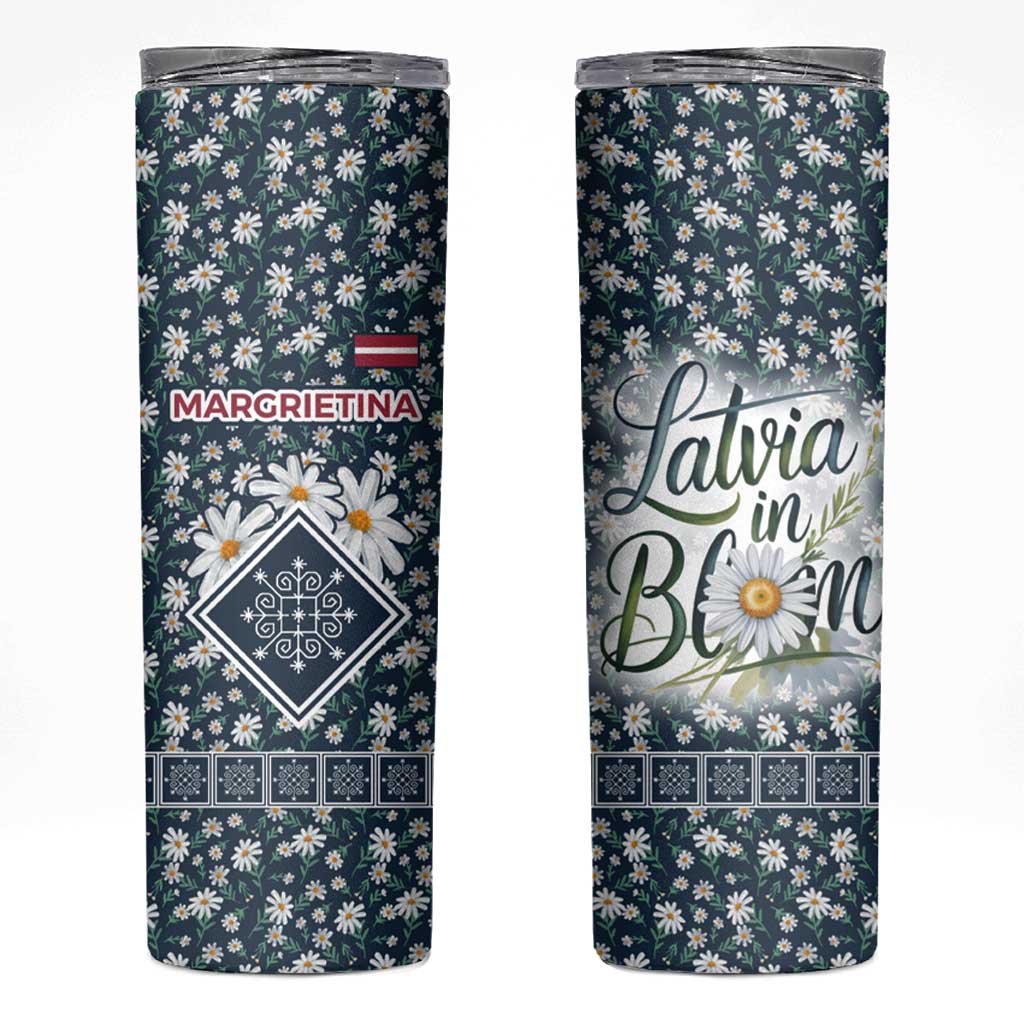 Latvia Skinny Tumbler with Margrietina Daisy and Ethnic Pattern – Latvia in Bloom Floral Design
