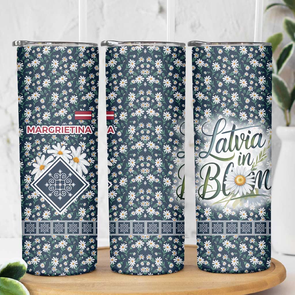 Latvia Skinny Tumbler with Margrietina Daisy and Ethnic Pattern – Latvia in Bloom Floral Design