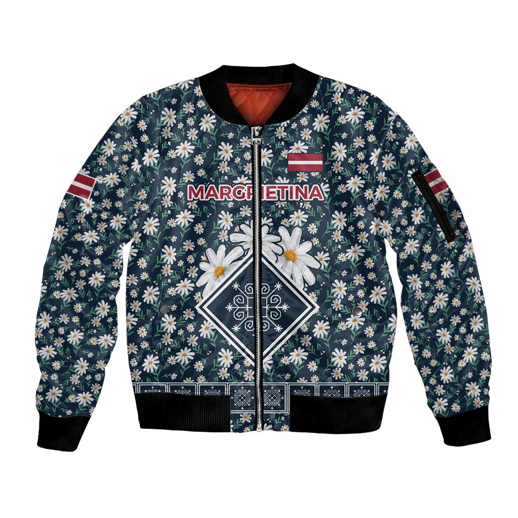Latvia Sleeve Zip Bomber Jacket with Margrietina Daisy and Ethnic Pattern – Latvia in Bloom Floral Design