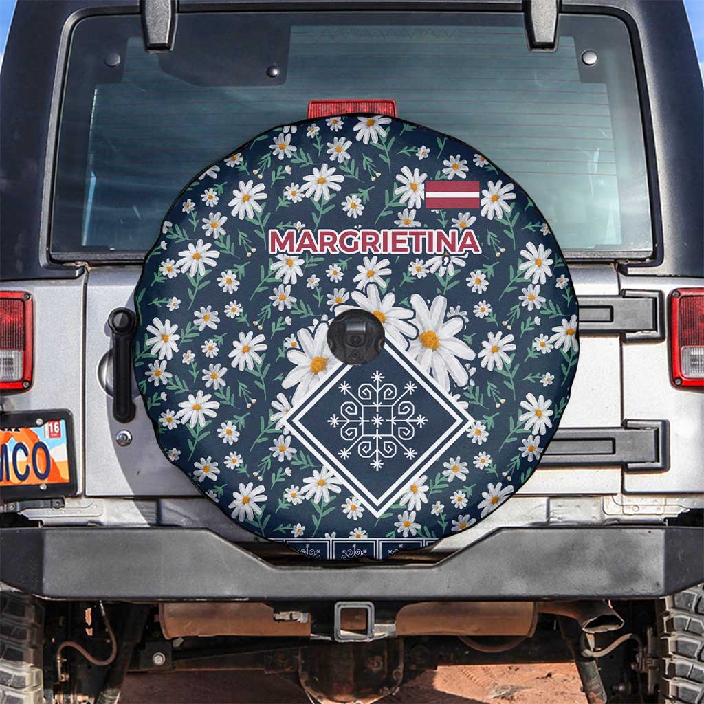 Latvia Spare Tire Cover with Margrietina Daisy and Ethnic Pattern – Latvia in Bloom Floral Design