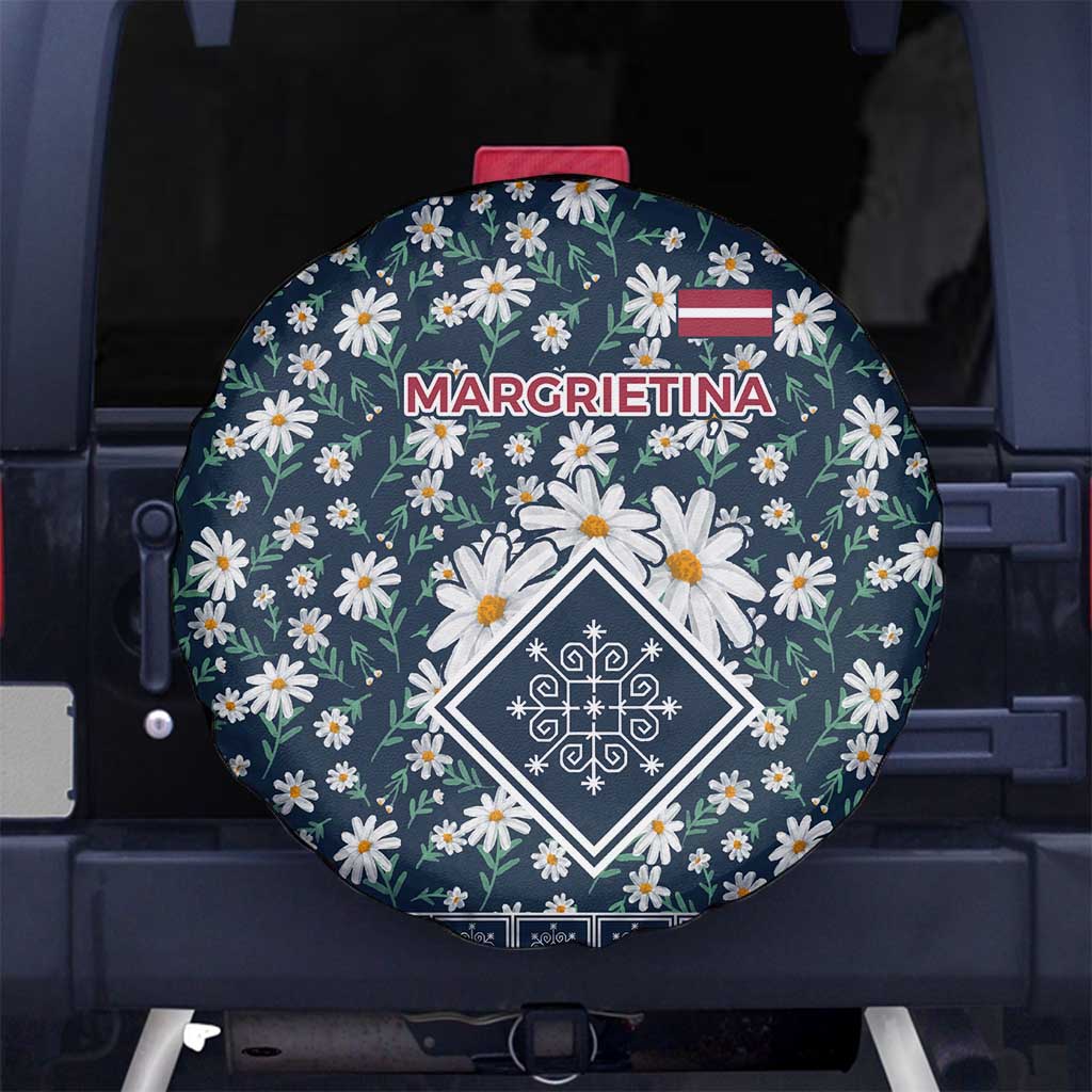 Latvia Spare Tire Cover with Margrietina Daisy and Ethnic Pattern – Latvia in Bloom Floral Design