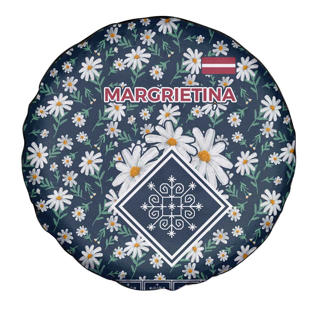Latvia Spare Tire Cover with Margrietina Daisy and Ethnic Pattern – Latvia in Bloom Floral Design