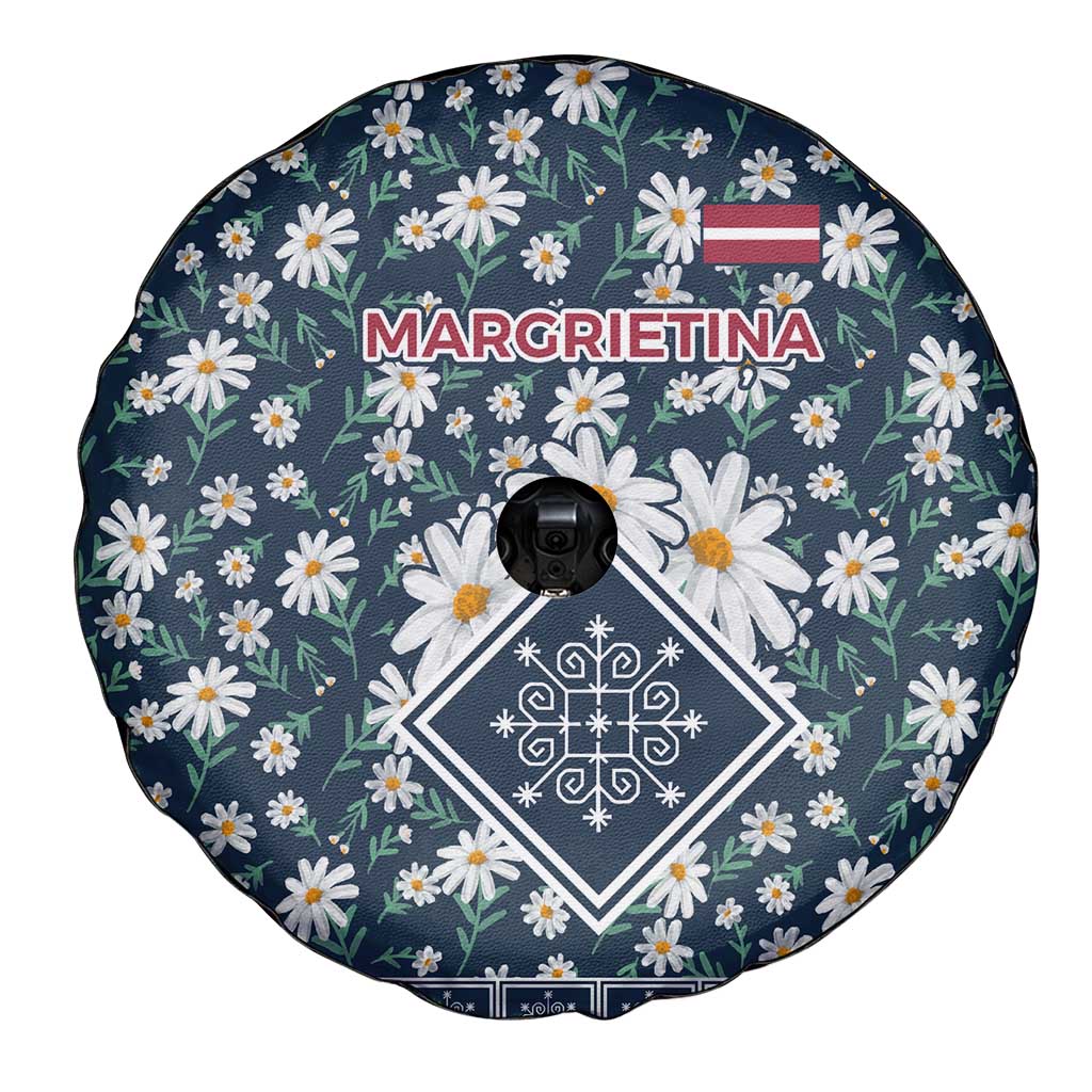 Latvia Spare Tire Cover with Margrietina Daisy and Ethnic Pattern – Latvia in Bloom Floral Design