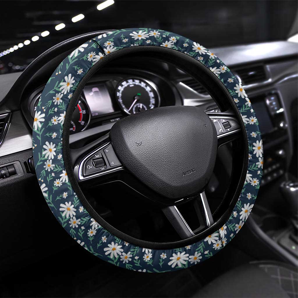 Latvia Steering Wheel Cover with Margrietina Daisy and Ethnic Pattern – Latvia in Bloom Floral Design