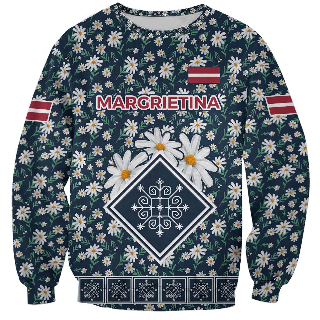 Latvia Sweatshirt with Margrietina Daisy and Ethnic Pattern – Latvia in Bloom Floral Design