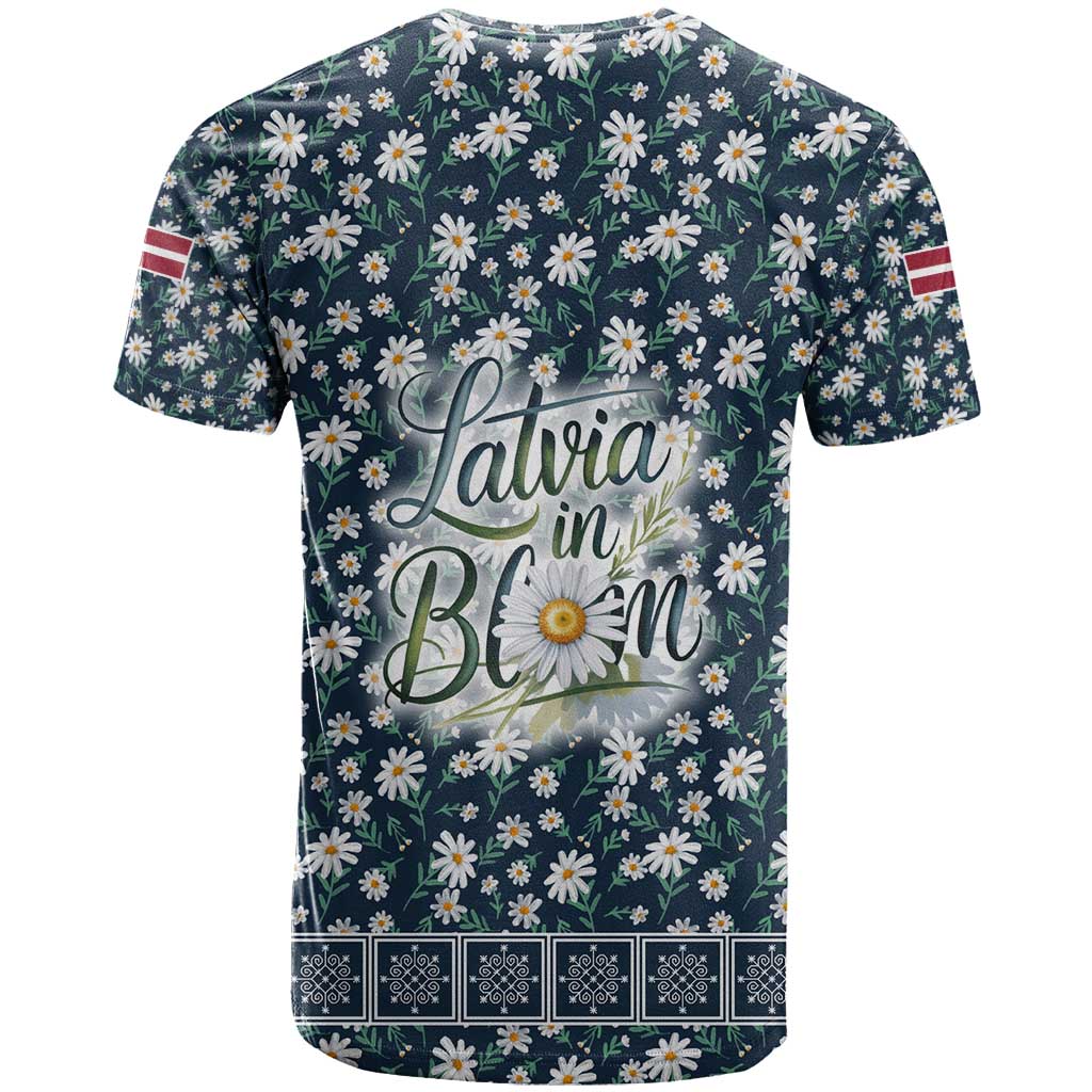 Latvia T Shirt with Margrietina Daisy and Ethnic Pattern – Latvia in Bloom Floral Design