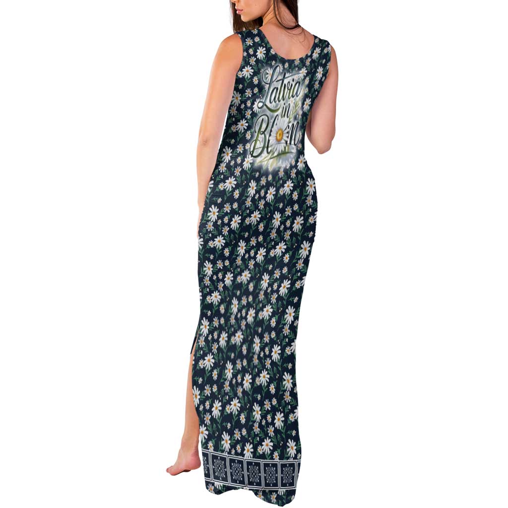 Latvia Tank Maxi Dress with Margrietina Daisy and Ethnic Pattern – Latvia in Bloom Floral Design