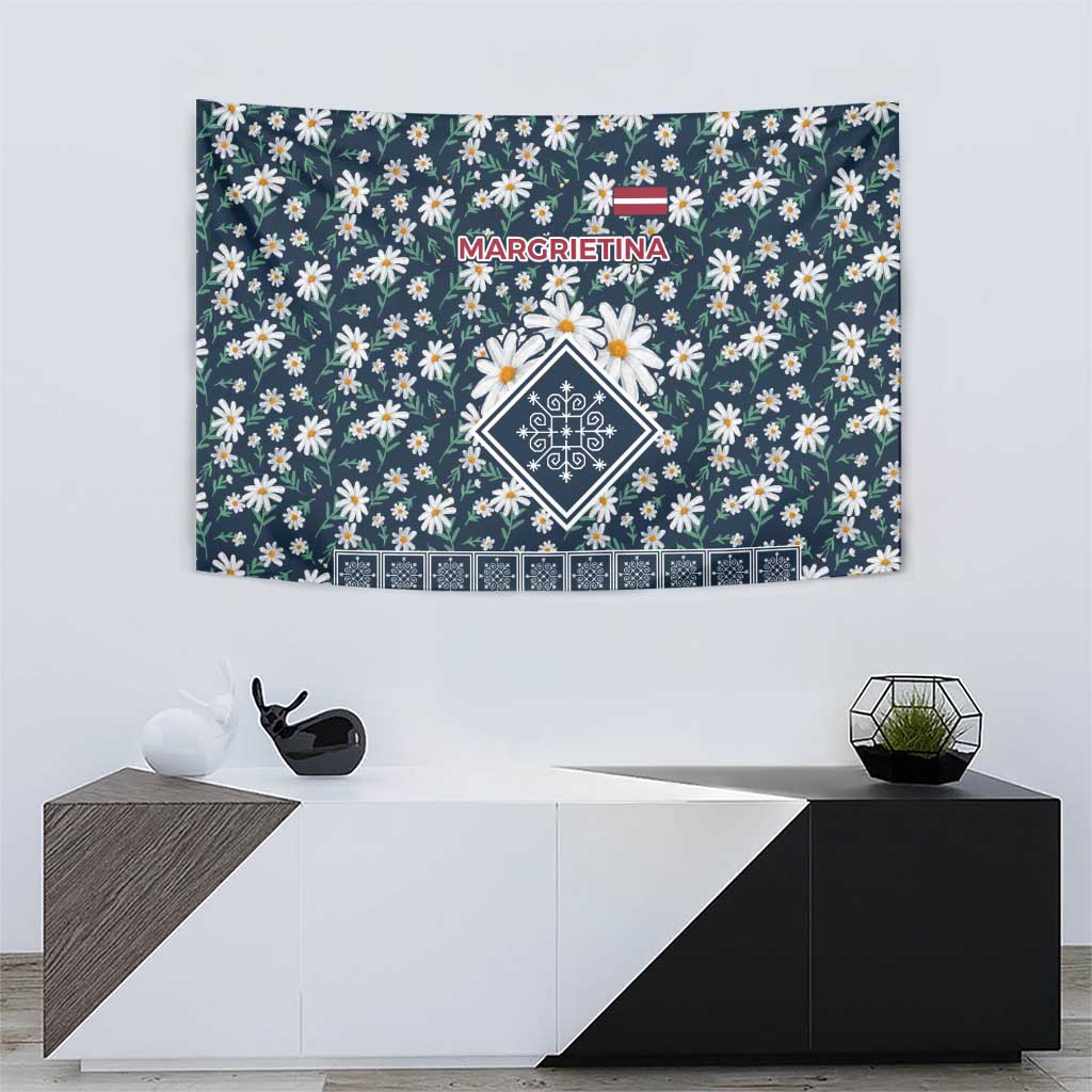 Latvia Tapestry with Margrietina Daisy and Ethnic Pattern – Latvia in Bloom Floral Design