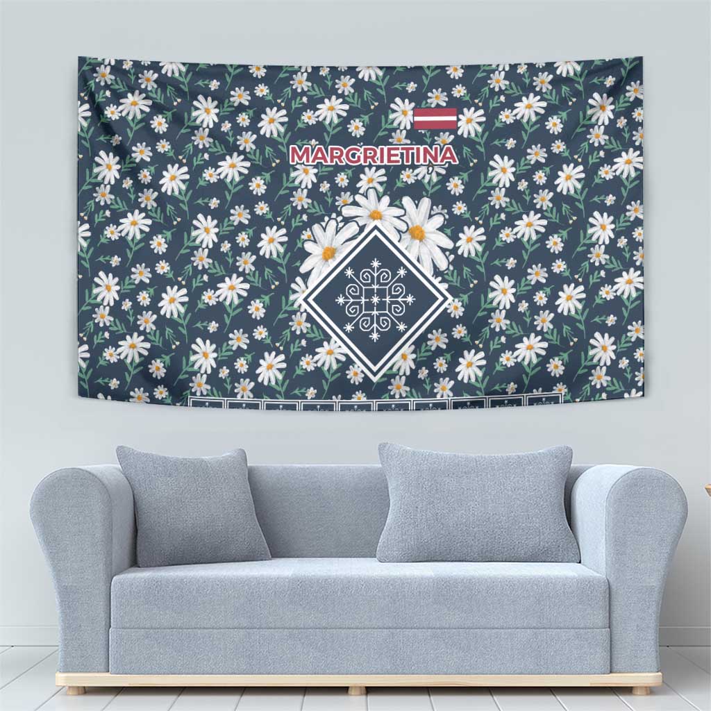 Latvia Tapestry with Margrietina Daisy and Ethnic Pattern – Latvia in Bloom Floral Design