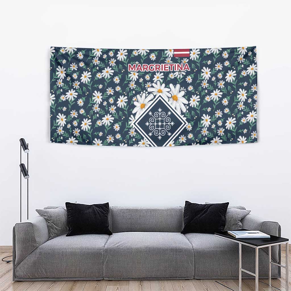 Latvia Tapestry with Margrietina Daisy and Ethnic Pattern – Latvia in Bloom Floral Design