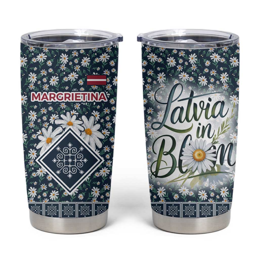 Latvia Tumbler Cup with Margrietina Daisy and Ethnic Pattern – Latvia in Bloom Floral Design