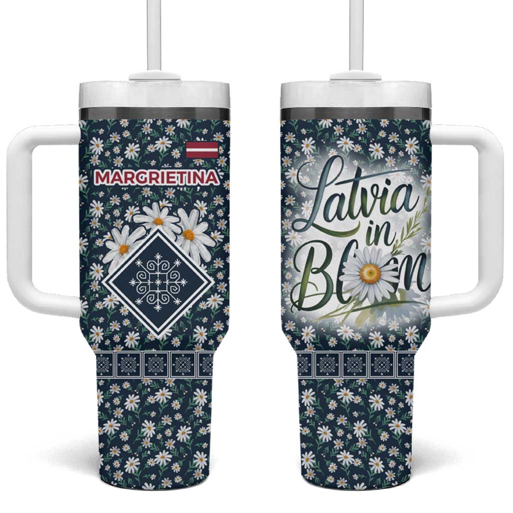 Latvia Tumbler With Handle with Margrietina Daisy and Ethnic Pattern – Latvia in Bloom Floral Design