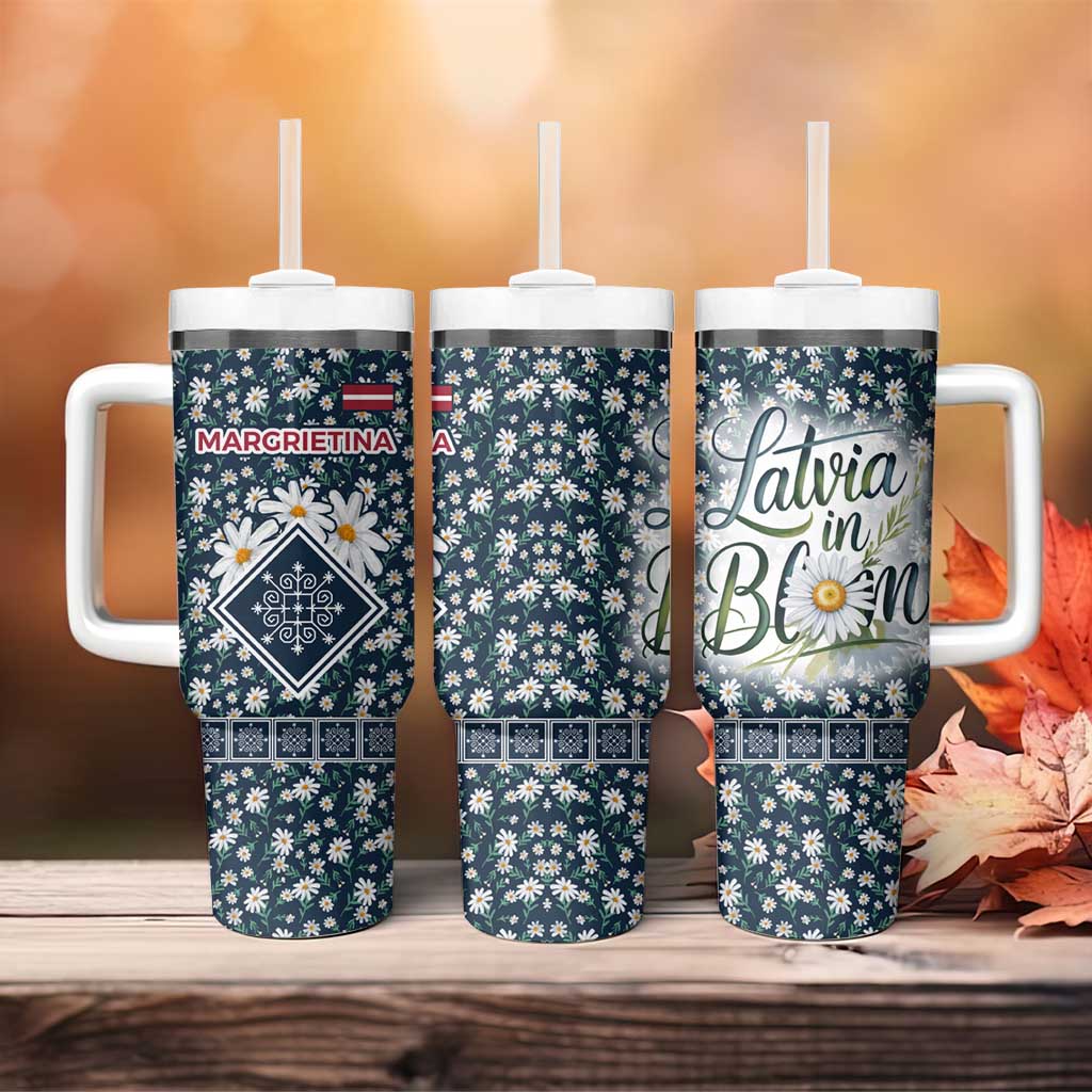 Latvia Tumbler With Handle with Margrietina Daisy and Ethnic Pattern – Latvia in Bloom Floral Design