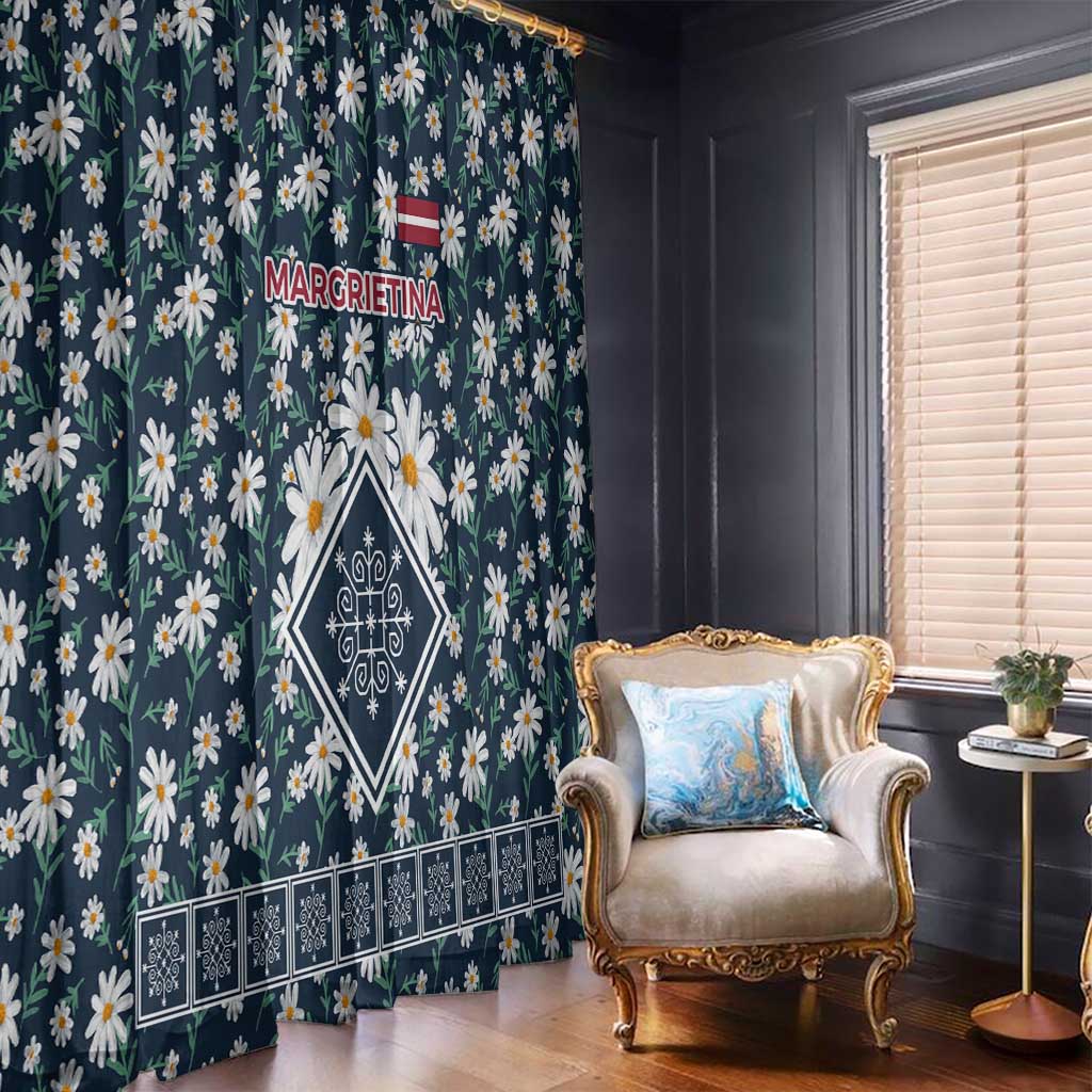 Latvia Window Curtain with Margrietina Daisy and Ethnic Pattern – Latvia in Bloom Floral Design