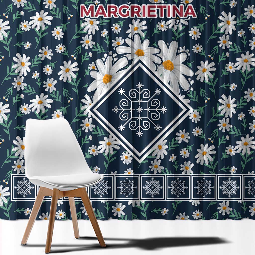 Latvia Window Curtain with Margrietina Daisy and Ethnic Pattern – Latvia in Bloom Floral Design