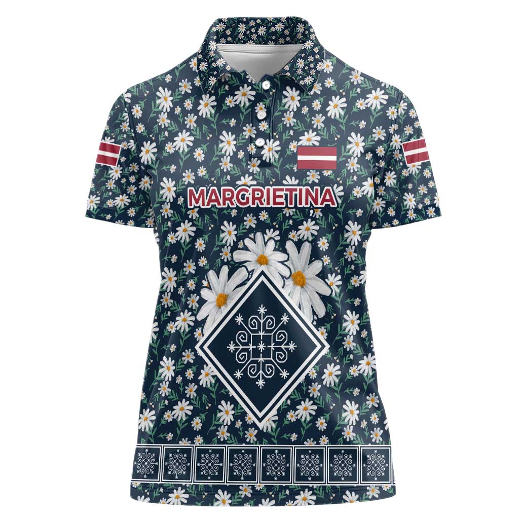 Latvia Women Polo Shirt with Margrietina Daisy and Ethnic Pattern – Latvia in Bloom Floral Design