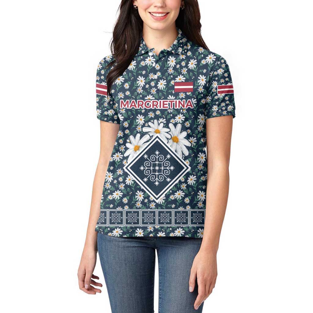 Latvia Women Polo Shirt with Margrietina Daisy and Ethnic Pattern – Latvia in Bloom Floral Design