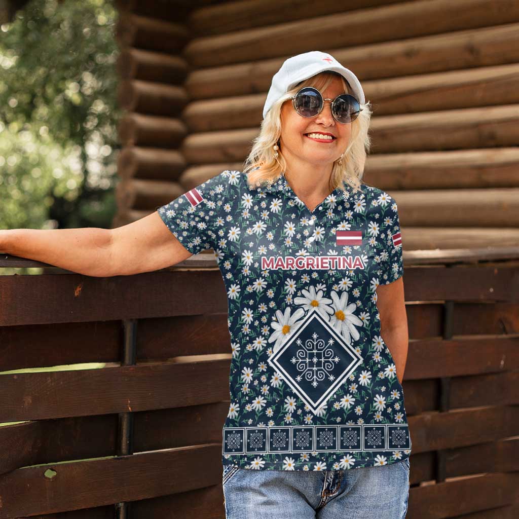 Latvia Women Polo Shirt with Margrietina Daisy and Ethnic Pattern – Latvia in Bloom Floral Design