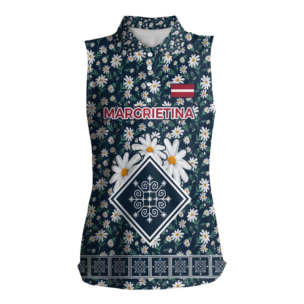 Latvia Women Sleeveless Polo Shirt with Margrietina Daisy and Ethnic Pattern – Latvia in Bloom Floral Design