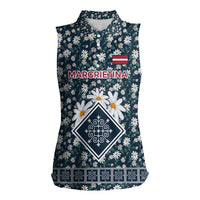 Latvia Women Sleeveless Polo Shirt with Margrietina Daisy and Ethnic Pattern – Latvia in Bloom Floral Design