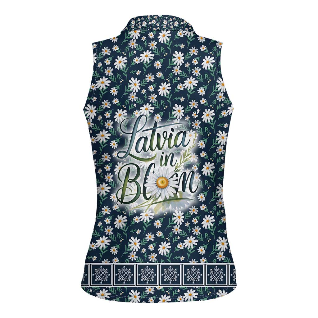 Latvia Women Sleeveless Polo Shirt with Margrietina Daisy and Ethnic Pattern – Latvia in Bloom Floral Design
