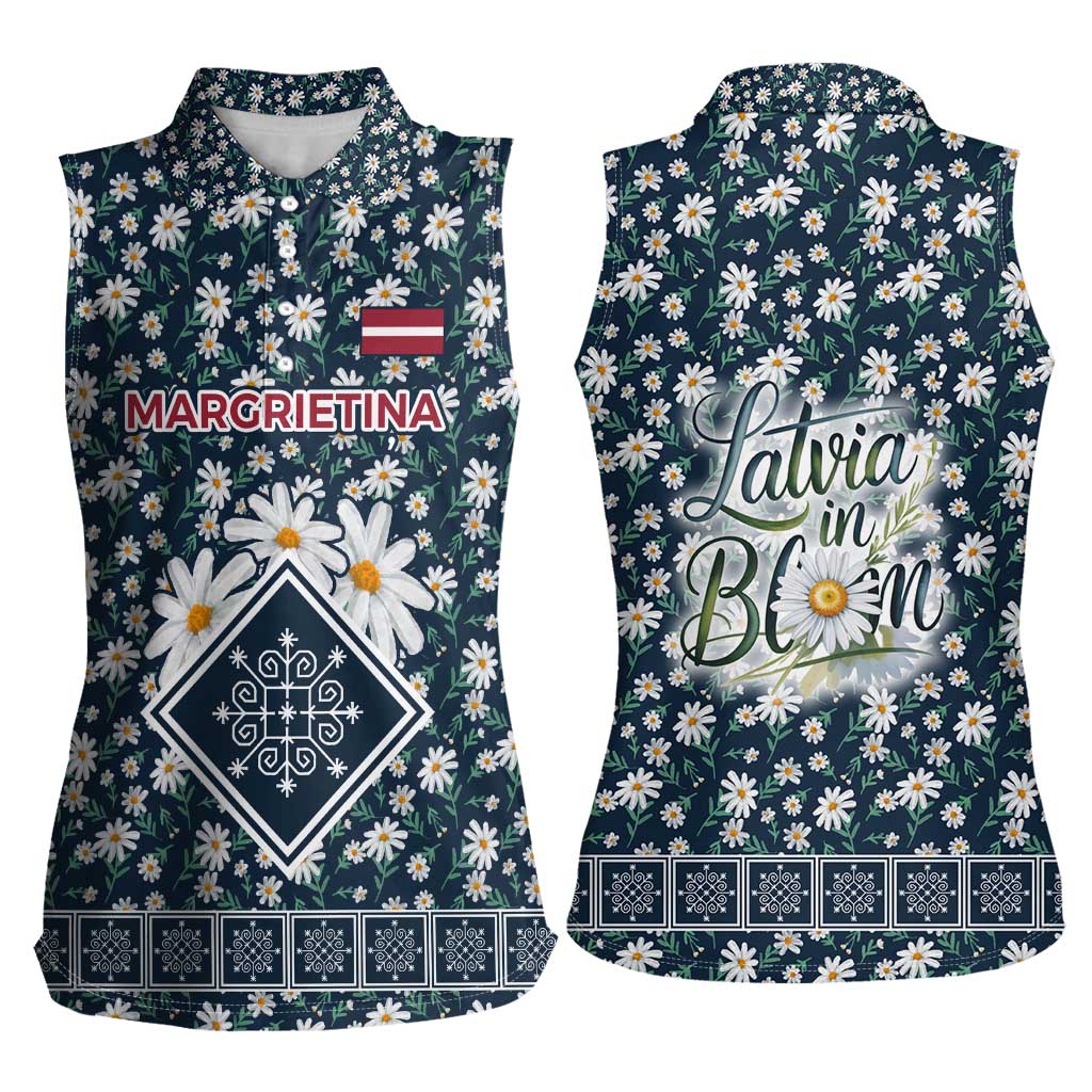 Latvia Women Sleeveless Polo Shirt with Margrietina Daisy and Ethnic Pattern – Latvia in Bloom Floral Design