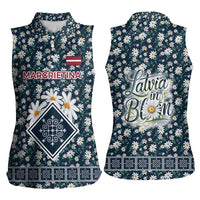 Latvia Women Sleeveless Polo Shirt with Margrietina Daisy and Ethnic Pattern – Latvia in Bloom Floral Design