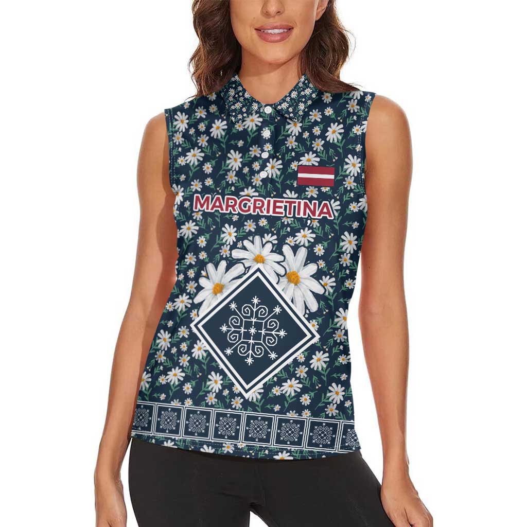 Latvia Women Sleeveless Polo Shirt with Margrietina Daisy and Ethnic Pattern – Latvia in Bloom Floral Design
