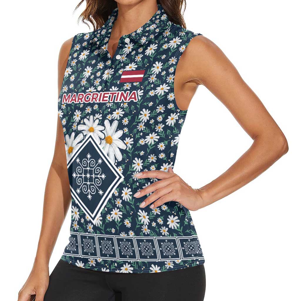 Latvia Women Sleeveless Polo Shirt with Margrietina Daisy and Ethnic Pattern – Latvia in Bloom Floral Design