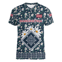 Latvia Women V-Neck T-Shirt with Margrietina Daisy and Ethnic Pattern – Latvia in Bloom Floral Design