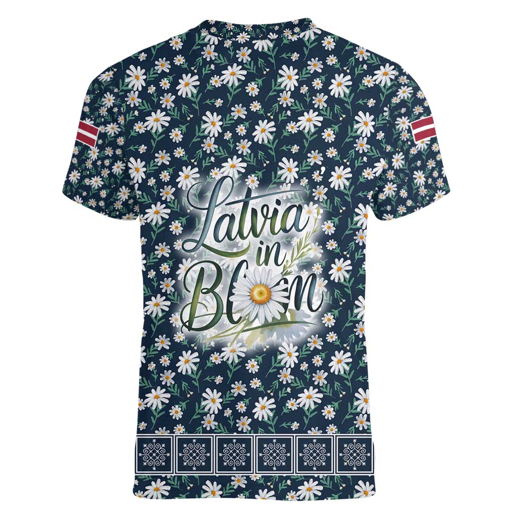 Latvia Women V-Neck T-Shirt with Margrietina Daisy and Ethnic Pattern – Latvia in Bloom Floral Design