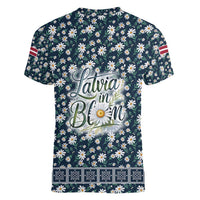 Latvia Women V-Neck T-Shirt with Margrietina Daisy and Ethnic Pattern – Latvia in Bloom Floral Design