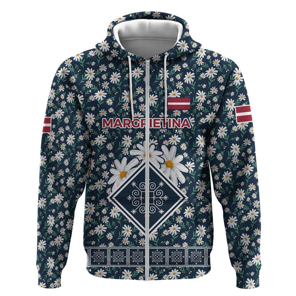 Latvia Zip Hoodie with Margrietina Daisy and Ethnic Pattern – Latvia in Bloom Floral Design