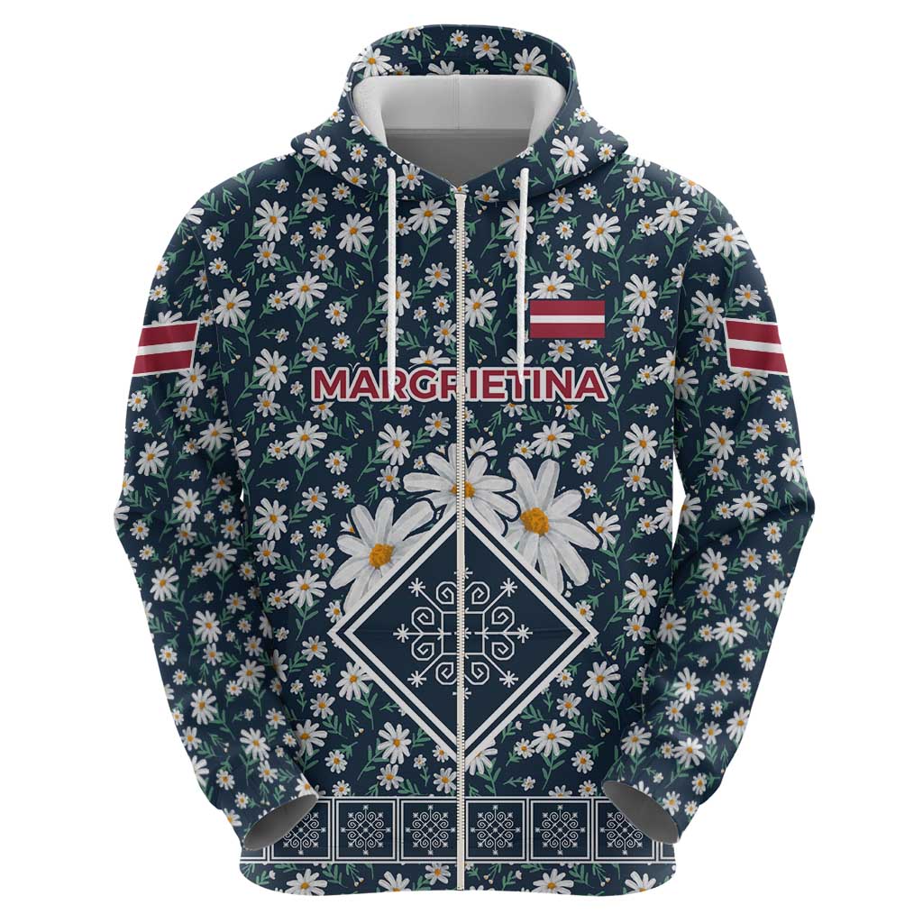 Latvia Zip Hoodie with Margrietina Daisy and Ethnic Pattern – Latvia in Bloom Floral Design